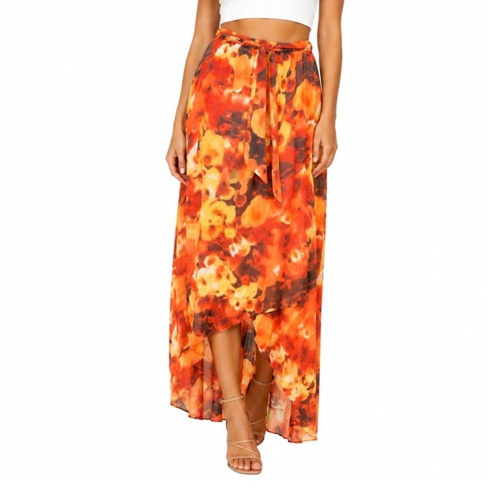 DS by Debbie Shuchat High Low Skirt Women Medium Orange Floral New Tie Waist